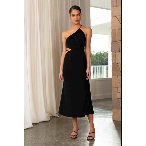 NWT Misha Adara Black Bodycon Midi Dress Stretch Strappy Cut-Outs Size 6 - Picture 2 of 16